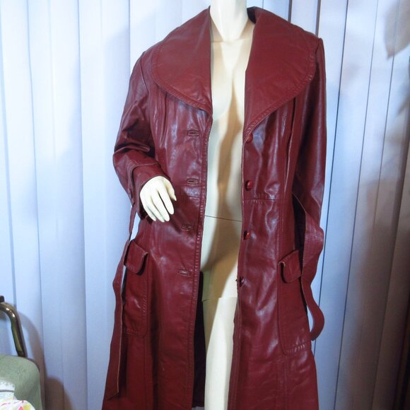 Vintage Genuine Leather Jacket Trench Coat S/Small Made in Korea Dark Red Maroon - Picture 12 of 16